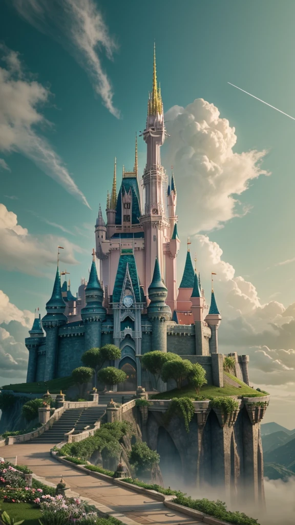 Epic CG matte painting, wide view, pale green clouds, Disney castle, garden full of flowers on the clouds, a few drops of water falling from the clouds, a sea of pale green roses, HD images, Unreal Engine, ArtStation 4k HD trend  