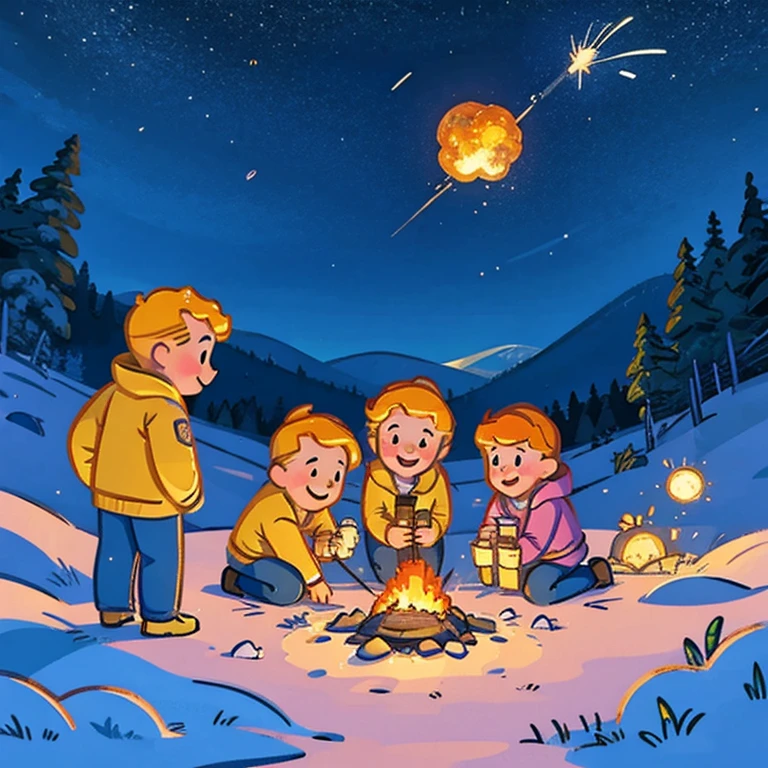 4 children in the snow touching a meteorite that is on the ground 