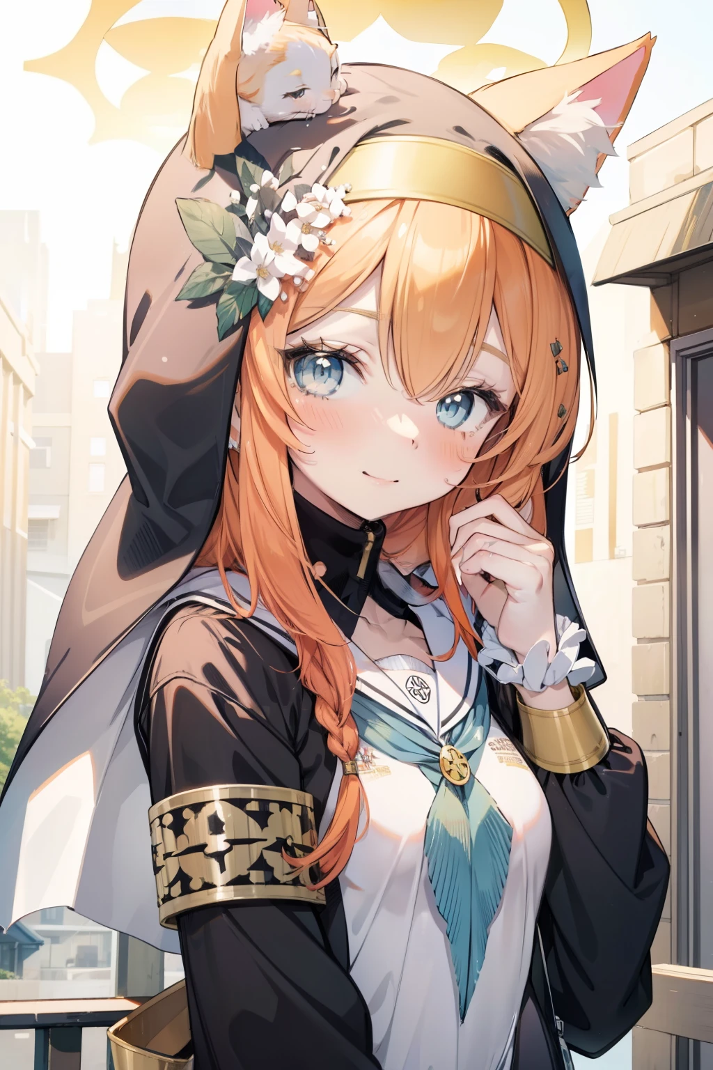 Marie Iraki、Good looking girl (blush, Perfect Face), independent , Looking at the camera, masterpiece, Anime art style, Cute Characters, Most detailed, high quality、Nico Nico Smile、Cat ear、Orange Hair、****ta、Small breasts、uniform、Hooded