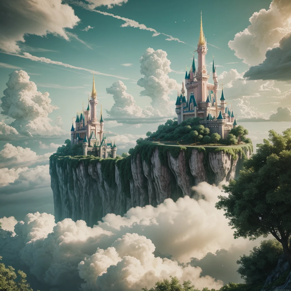 Epic CG matte painting, wide view, pale green clouds, Disney castle, garden full of flowers on the clouds, a few drops of water falling from the clouds, a sea of pale green roses, HD images, Unreal Engine, ArtStation 4k HD trend  