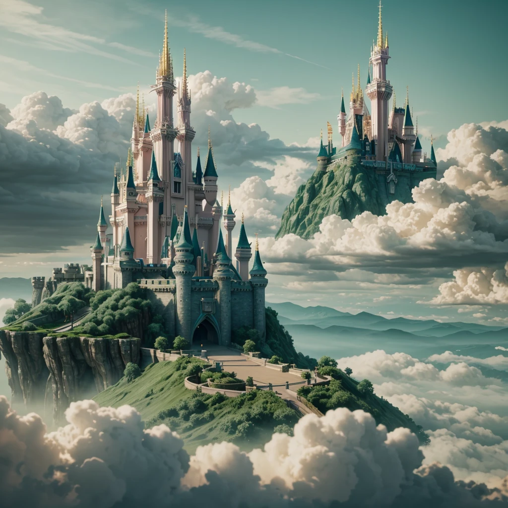 Epic CG matte painting, wide view, pale green clouds, Disney castle, garden full of flowers on the clouds, a few drops of water falling from the clouds, a sea of pale green roses, HD images, Unreal Engine, ArtStation 4k HD trend  