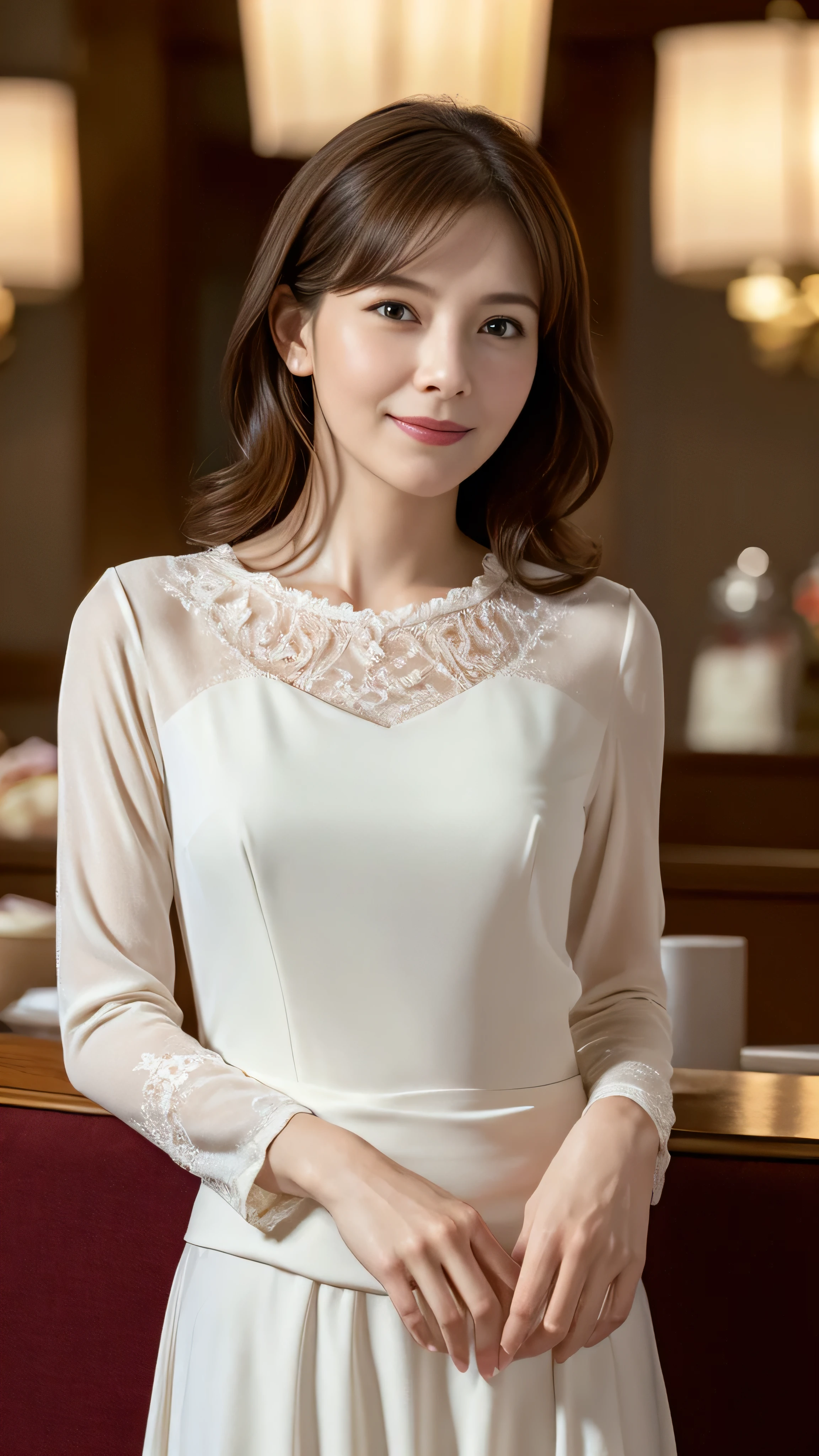Browsing Caution, highest quality, Realistic, Surreal, Super quality, Highly detailed CG, Very delicate and beautiful, 8k wallpaper, High resolution, Hotel Lobby, (Dim lighting), Single woman, Age 37, ((whole body)), ((Stand facing us)), (White blouse), (Long skirt), (Red High Heels), Straight medium hair, smile, Thin lips, slim, Small breasts, (Highly detailed face), (Ultra-detailed facial expressions)