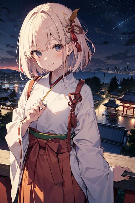 Tabletop, highest quality,An illustration, Very detailed, Absurd, One Girl、 (Medium Short Hair), Very detailed beautiful eyes , Hair blowing in the wind、Small Head、Beautiful night sky、(Panoramic View:1.5),shrine、Shrine maiden、torii、Japan、religious、Shinto、smile