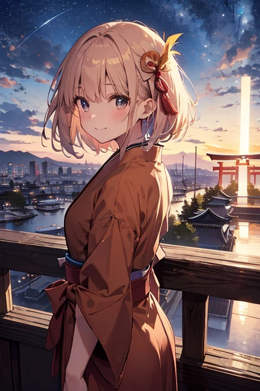Tabletop, highest quality,An illustration, Very detailed, Absurd, One Girl、 (Medium Short Hair), Very detailed beautiful eyes , Hair blowing in the wind、Small Head、Beautiful night sky、(Panoramic View:1.5),shrine、Shrine maiden、torii、Japan、religious、Shinto、smile