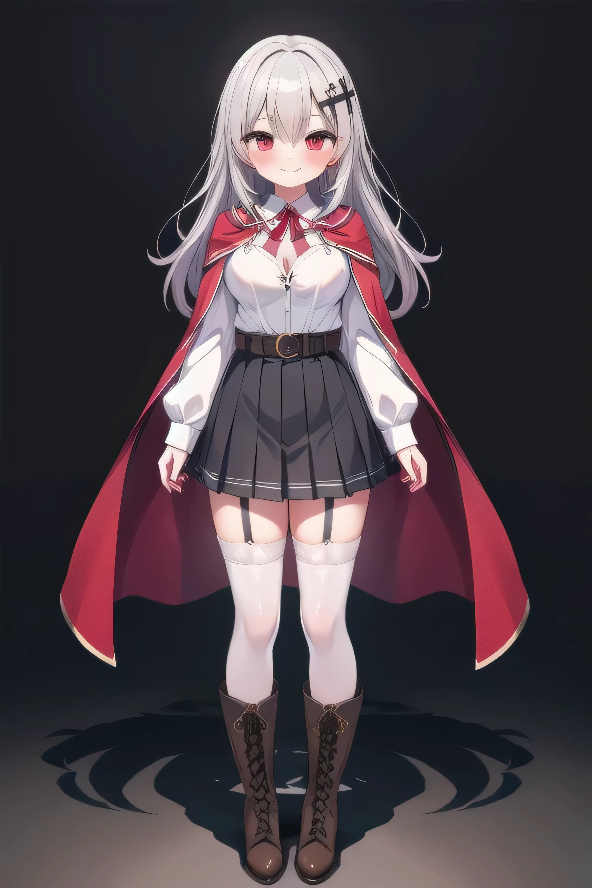 masterpiece, top quality, super detailed, CG illustration, high resolution, better lighting, best shadows, very delicate and beautiful, proper shading, hd, 8k,1girl, solo, long hair, breasts, looking at viewer, blush, smile, bangs, skirt, shirt, hair ornament, red eyes, thighhighs, long sleeves, cleavage, medium breasts, closed mouth, standing, full body, white shirt, grey hair, pleated skirt, boots, collared shirt, belt, cape, white thighhighs, sleeves past wrists, garter straps, brown footwear, black background, green skirt, cross-laced footwear, red cape, lace-up boots, thighhighs under boots