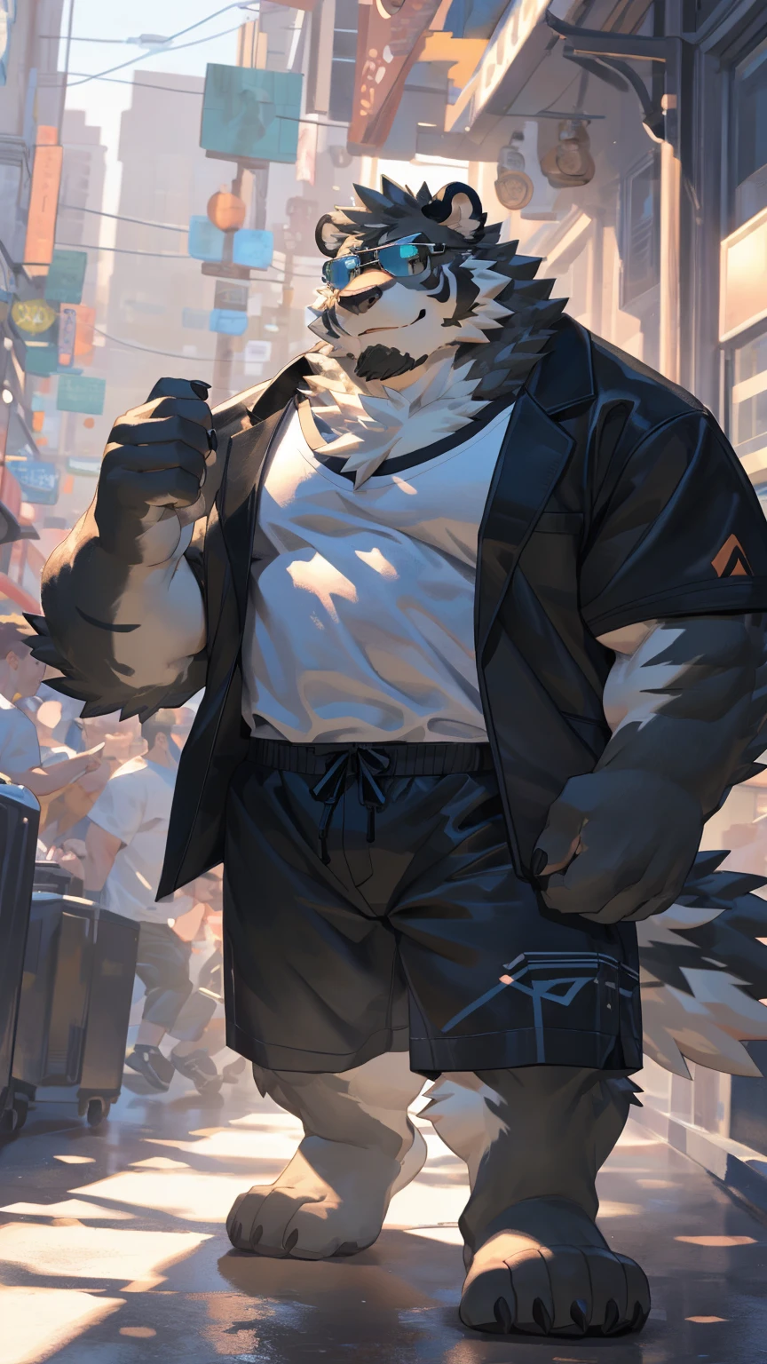 Solitary, ((Fluffy fur, Fluffy, hairy body)), detailed Fluffy fur, Delicate face, delicate Eye, Dynamic poses, (Ultra Detailed), Clear focus, Genji, Eye, hairy, (Gray-black fur:1.5), White beard, human nature (black tiger), chest hair，male, middle aged, White belly, Increase chest muscles(((muscular))), (endomorph body type:0.4), Not too fat, rest ((Black jacket，sunglasses，White T-shirt，Black swimming trunks，Exposing breasts)), ultra Delicate face, High Detail, high quality, (best quality,4K,8k,high resolution,masterpiece:1.2), (close up:1.3), author：Takemoto Arashi, From kulplant, author：The ghost of emptiness, From raccoon21, Dynamic Lighting, Smile, (whole body:1.4), Looking at the audience, eternity, close up肖像, indoorhigh resolution, 用hand托住肚子, hand.详细的hand,Detailed feet,Back，street