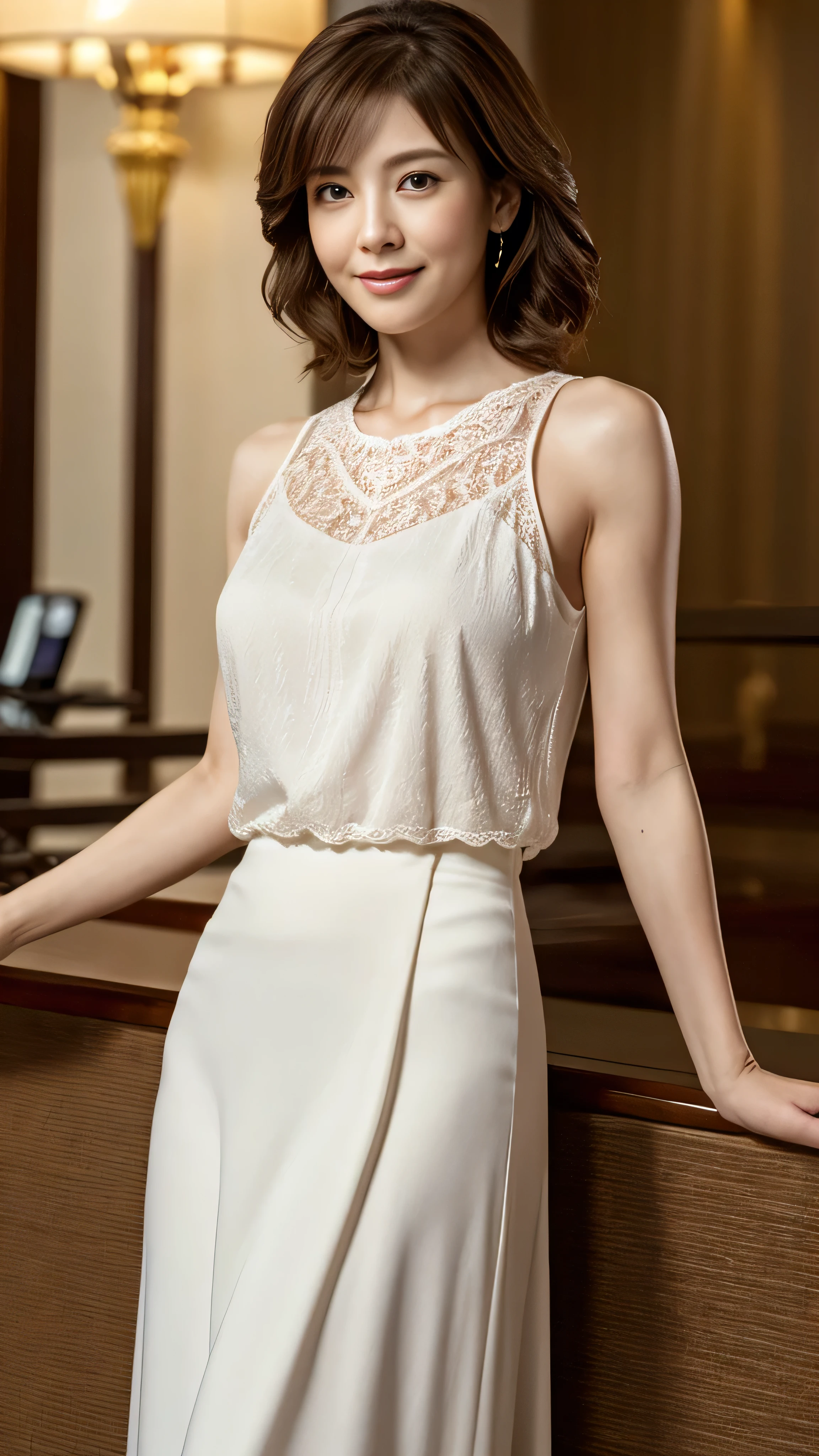 Browsing Caution, highest quality, Realistic, Surreal, Super quality, Highly detailed CG, Very delicate and beautiful, 8k wallpaper, High resolution, Hotel Lobby, (Dim lighting), Single woman, Age 37, ((whole body)), ((Stand facing us)), (White blouse), (Long skirt), (Red High Heels), Straight medium hair, smile, Thin lips, slim, Small breasts, (Highly detailed face), (Ultra-detailed facial expressions)