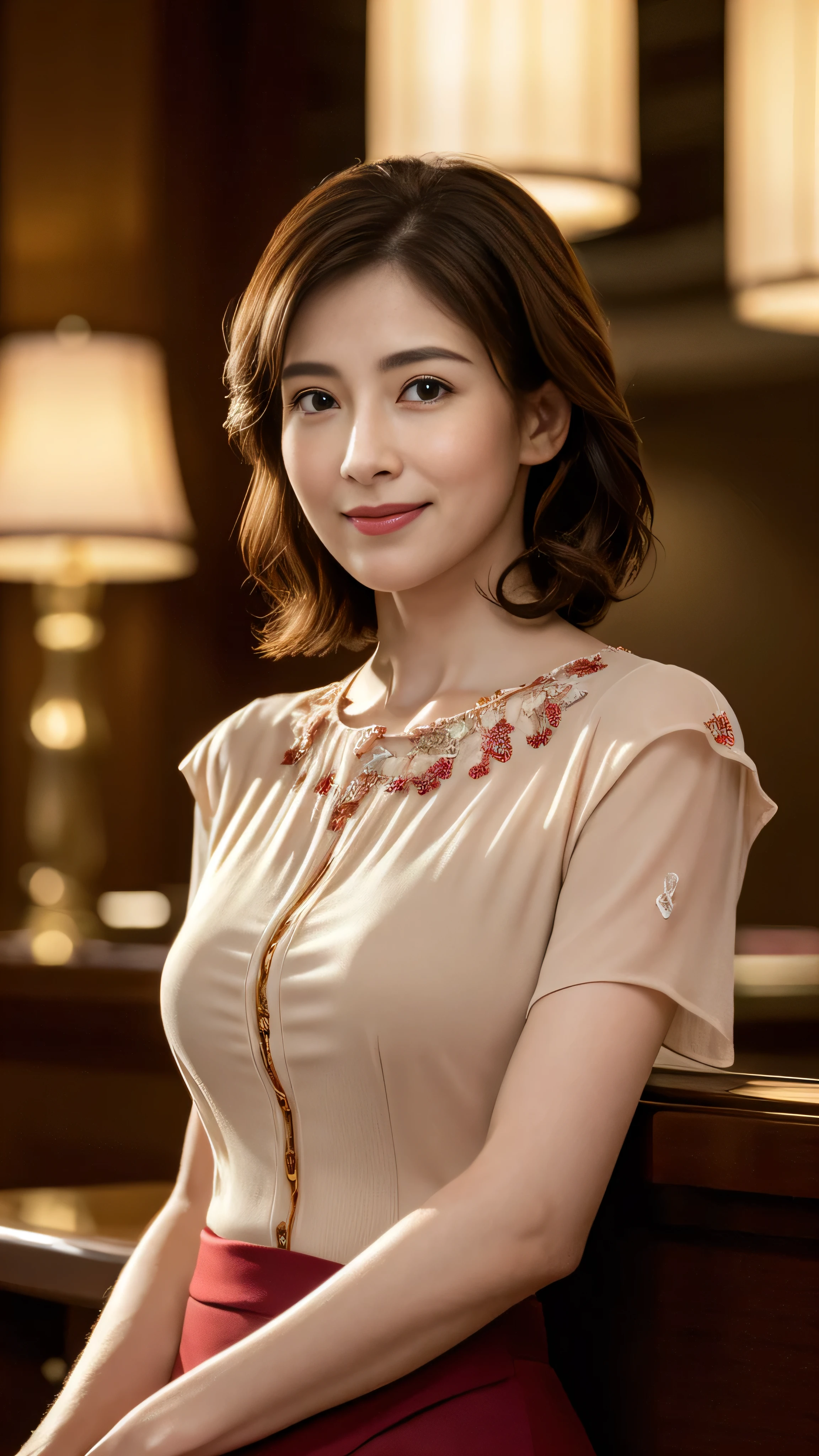 Browsing Caution, highest quality, Realistic, Surreal, Super quality, Highly detailed CG, Very delicate and beautiful, 8k wallpaper, High resolution, Hotel Lobby, (Dim lighting), Single woman, Age 37, ((whole body)), ((Stand facing us)), (blouse), (Long skirt), (Red High Heels), Straight medium hair, smile, Thin lips, slim, Small breasts, (Highly detailed face), (Ultra-detailed facial expressions)