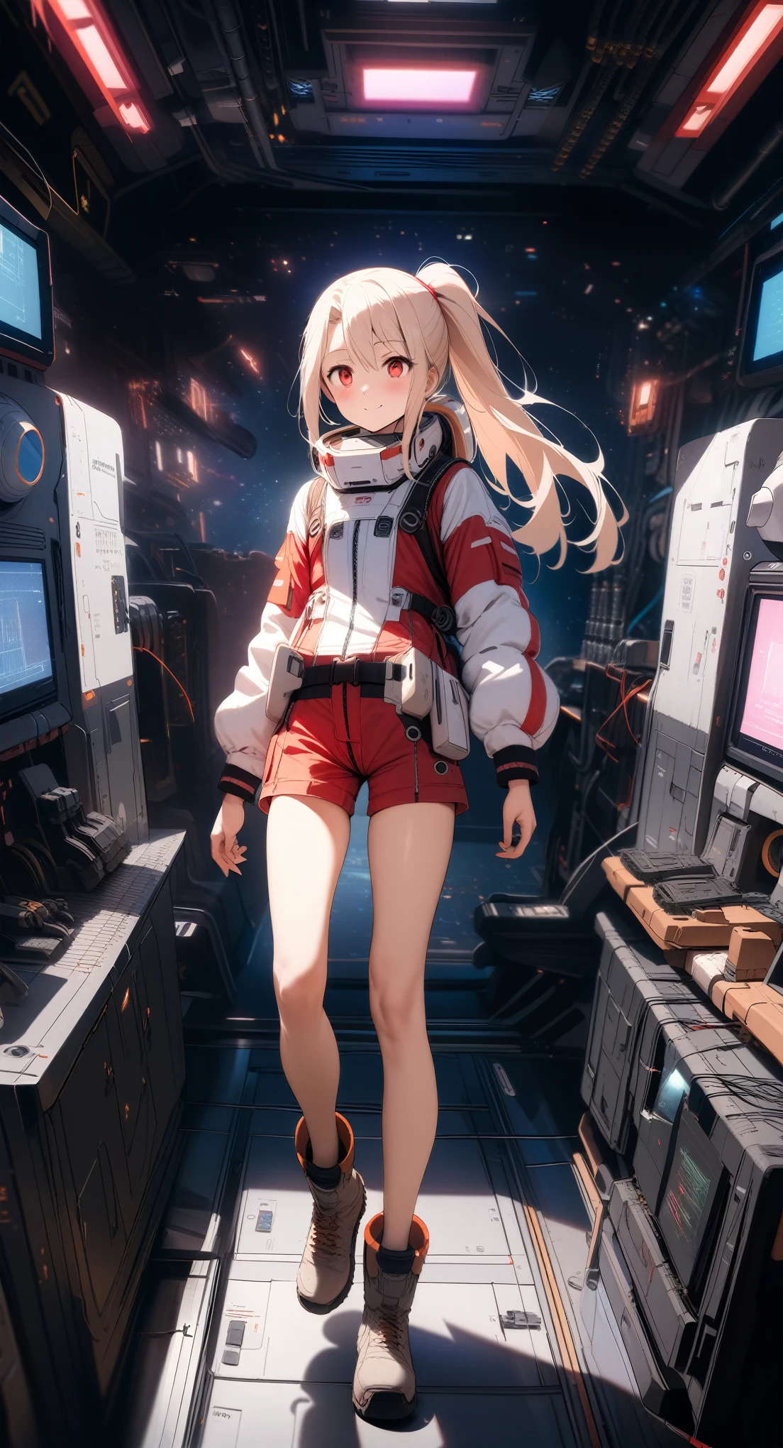 high-key and low-variance brightness scale,soft light,realistic light and shadow, light and dark interlaced,(wide shot:1.3),female focus,looking at viewer,dramatic angle,(upper body:1.4),(solo:1.6)
(masterpiece),(best quality),(highres),(by famous artist),(((official art))),(by Paul Hedley),(illustration),(science fiction),(Sci-fi style),(Mechanical style)
1girl,(female astronaut),(illyasviel von einzbern:1.4),(loli:1.3)
(small_breasts),(whole body),(slim legs),(mecha musume),lustrous skin,shiny skin,(detailed beautiful thighs),(articulated fingers)
(pink space suit),Functional clothing,(space helmet:1.5),(combat boots),(belt),(sharp:1.21),Chinese national flag
indoor,spacecraft interior,(multiple mechanical parts:1.05),(multiple circuit boards:1.025),(multiple Conduction bands:1.275),purple data box,number,Virtual screen,Virtualization,Visible data,engine room,electrical room,server room,([++++extensive++++]:1.3), weapon,workbench
((seductive smile)),blush,((walking))
(red eyes:1.4),(finely detailed eyes),detailed beautiful eyes
(cream long hair),(ponytail:1.4),(reflective hair)