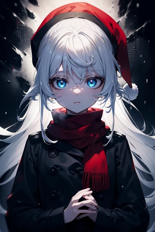 ((((Masterpiece, Best quality, Ultra precision)))), 1girl, Acquaintance, ((He wears a thick black winter jacket:1.5, Red scarf, santa hat)), Long hair cut, Pale skin, ((Dark black hair, blue color)), (glowing_eyes, luminescent eyes), (ultra detailed eyes:0.7, Beautiful and detailed face, detailed eyes:0.9), ((Centering)), He smiles, ((View shot)), Facing the viewer, (((Surrounded by darkness, Snow falling in the dark, Fluorescent light from a street lamp)), Flat chested, Looking at the viewer, ((Perfect hands)), ((head:1, Features, Elbows, arms, In a vision)), ((Hands behind the back)), Beautiful lighting, Specific topic, (25 years), ((Lively look)), Chi no wadachi