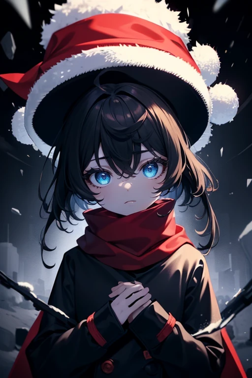 ((((Masterpiece, Best quality, Ultra precision)))), 1girl, Acquaintance, ((He wears a thick black winter jacket:1.5, Red scarf, santa hat)), Long hair cut, Pale skin, ((Dark black hair, blue color)), (glowing_eyes, luminescent eyes), (ultra detailed eyes:0.7, Beautiful and detailed face, detailed eyes:0.9), ((Centering)), He smiles, ((View shot)), Facing the viewer, (((Surrounded by darkness, Snow falling in the dark, Fluorescent light from a street lamp)), Flat chested, Looking at the viewer, ((Perfect hands)), ((head:1, Features, Elbows, arms, In a vision)), ((Hands behind the back)), Beautiful lighting, Specific topic, (25 years), ((Lively look)), Chi no wadachi