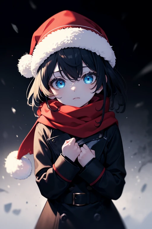 ((((Masterpiece, Best quality, Ultra precision)))), 1girl, Acquaintance, ((He wears a thick black winter jacket:1.5, Red scarf, santa hat)), Long hair cut, Pale skin, ((Dark black hair, blue color)), (glowing_eyes, luminescent eyes), (ultra detailed eyes:0.7, Beautiful and detailed face, detailed eyes:0.9), ((Centering)), He smiles, ((View shot)), Facing the viewer, (((Surrounded by darkness, Snow falling in the dark, Fluorescent light from a street lamp)), Flat chested, Looking at the viewer, ((Perfect hands)), ((head:1, Features, Elbows, arms, In a vision)), ((Hands behind the back)), Beautiful lighting, Specific topic, (25 years), ((Lively look)), Chi no wadachi