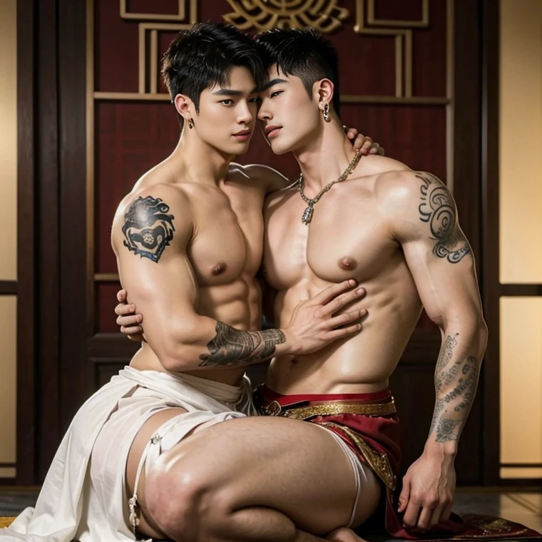 ( safe for work),Two handsome boys kissing, smiling at each other,hugging, kissing, touching lips, cuddle, romantic,skin ship, Chinese Men God, Mythology, realistic, Chinese odyssy, super Handsome,manly, kpop idol, handsome korean actor, 20 years old,, detailed face, manly jawline, detailed mess curly styling hair, Topless, Muscles, big breast Athlete body, Full Frame,full body shoots, realistic, human skin, tattoo breast, Professional studio Lighting, long red tibet wedding Outfit, jade and golden pendent all over , detailed jewery in dress, nice bulge, earings,Chinese ancient wedding Background,out door, super detailed background,look at camera , open mouth, thin Underneathe Underwear, tibet Warrior, Hanfu red wedding dress, tibet Male, tibet Nobel, Seduce , bare chest , tattoo chest, tattoo arms, tattoo hands, tattoo back, tattoo legs , tattoo belly, big juicy butts, 