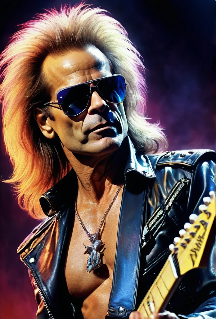 A (waist up:1.2) cinematic photorealistic color digital painting of (David Lee Roth:1.25) as the Terminator with the (80's heavy metal rock star hair style:1.2) jump in stage, detailed face, insanely detailed and intricate, crisp sharp and clear, volumetric lighting, ultra-high resolution, masterpiece hyper realistic artwork of Don Lawrence, centered, Professional color grading by Kennedy Hines Jr.