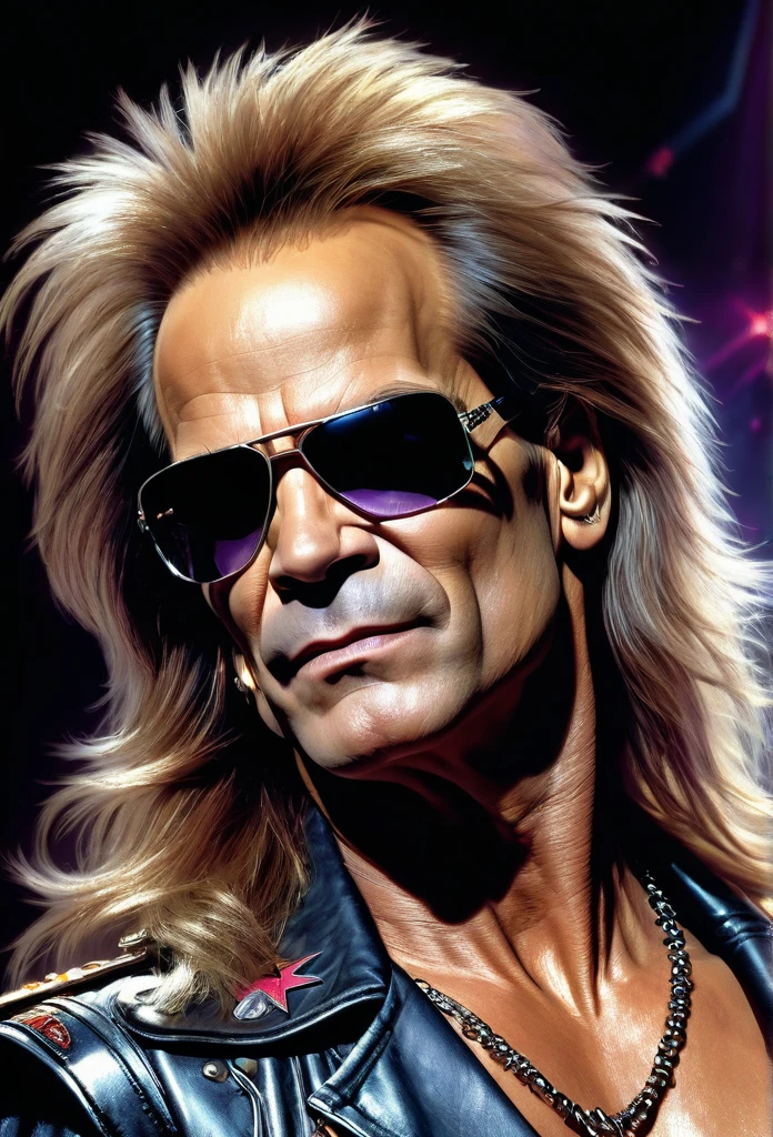A (waist up:1.2) cinematic photorealistic color digital painting of (David Lee Roth:1.25) as the Terminator with the (80's heavy metal rock star hair style:1.2) jump in stage, detailed face, insanely detailed and intricate, crisp sharp and clear, volumetric lighting, ultra-high resolution, masterpiece hyper realistic artwork of Don Lawrence, centered, Professional color grading by Kennedy Hines Jr.