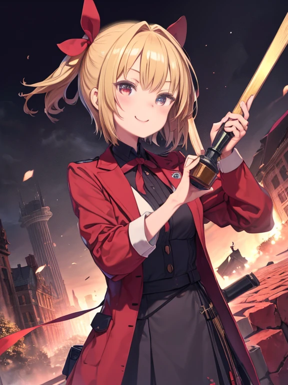 high quality, 最high quality, masterpiece, Absurd, red_Jacket, ribbon, red_eye, blonde_hair, short_hair, hair_ribbon, smile, One girl, Torn clothes, cloth,