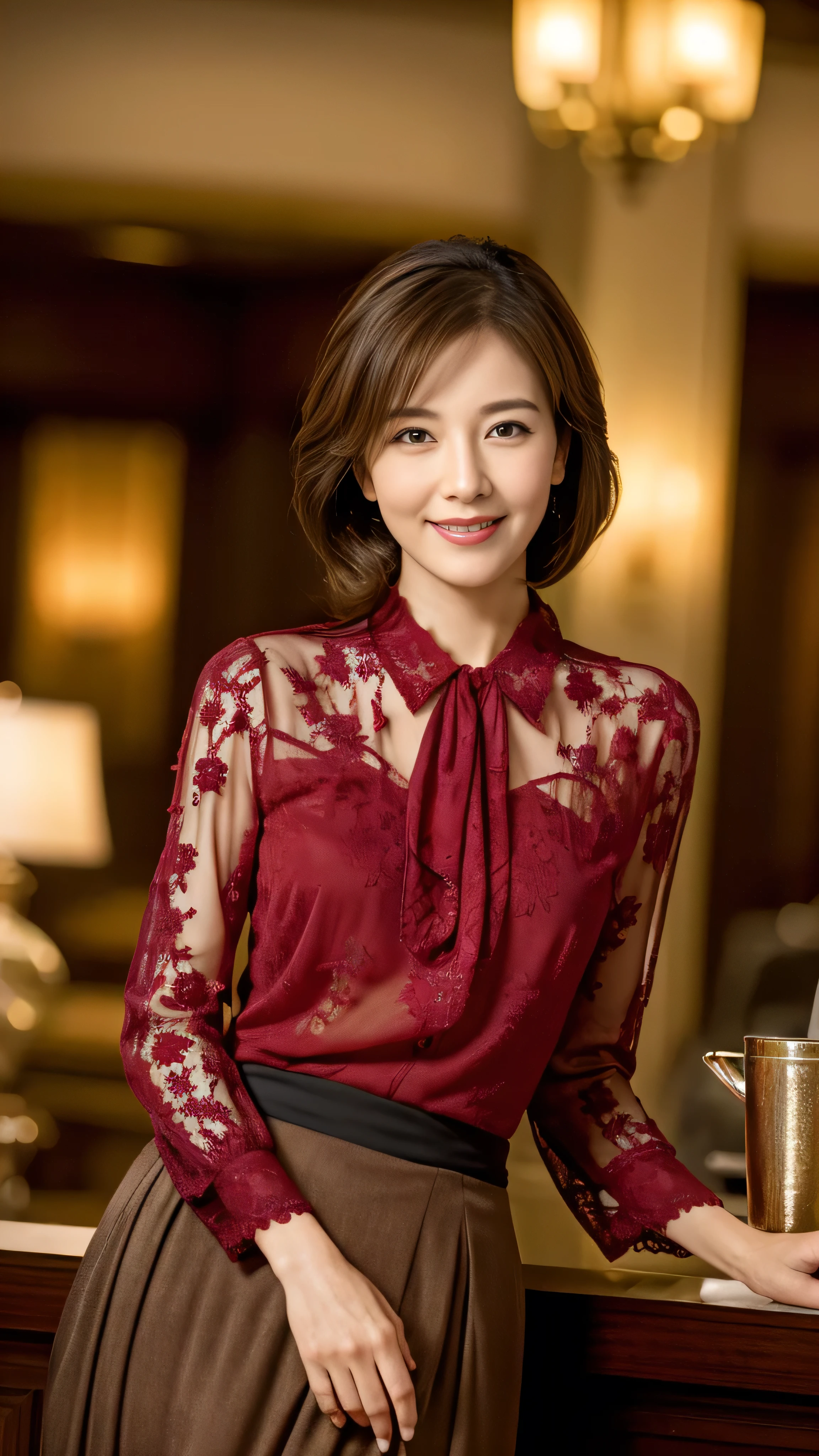 Browsing Caution, highest quality, Realistic, Surreal, Super quality, Highly detailed CG, Very delicate and beautiful, 8k wallpaper, High resolution, Hotel Lobby, (Dim lighting), Single woman, Age 37, ((whole body)), ((Stand facing us)), (blouse), (Long skirt), (Red High Heels), Straight medium hair, smile, Thin lips, slim, Small breasts, (Highly detailed face), (Ultra-detailed facial expressions)、smile
