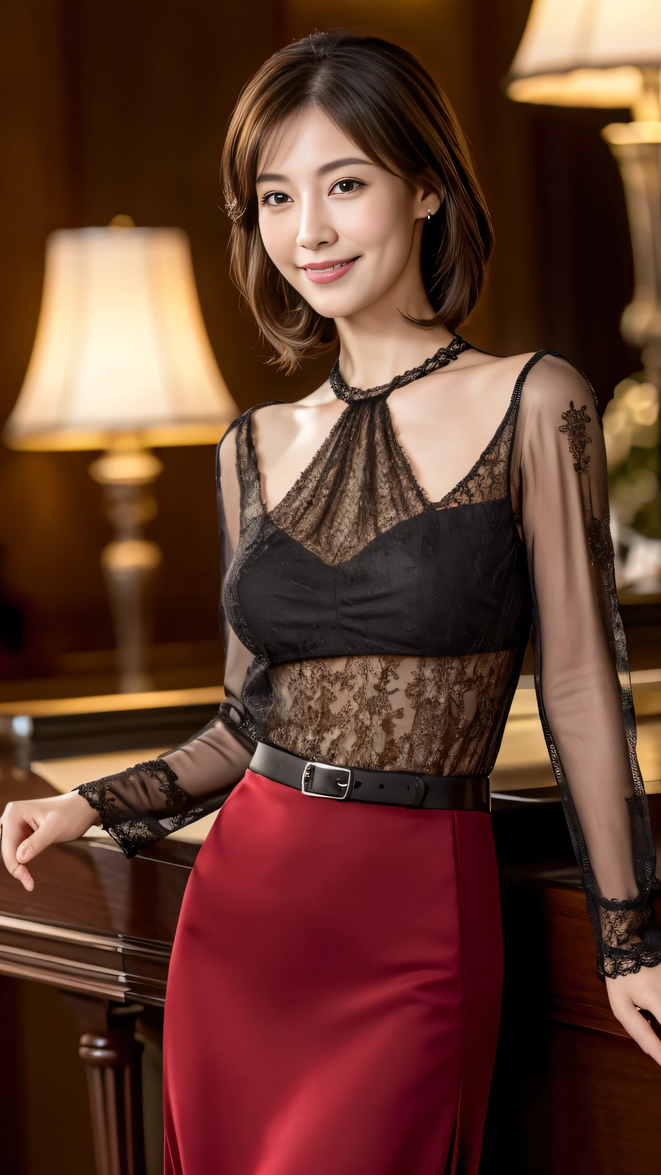 Browsing Caution, highest quality, Realistic, Surreal, Super quality, Highly detailed CG, Very delicate and beautiful, 8k wallpaper, High resolution, Hotel Lobby, (Dim lighting), Single woman, Age 37, ((whole body)), ((Stand facing us)), (blouse), (Long skirt), (Red High Heels), Straight medium hair, smile, Thin lips, slim, Small breasts, (Highly detailed face), (Ultra-detailed facial expressions)、smile