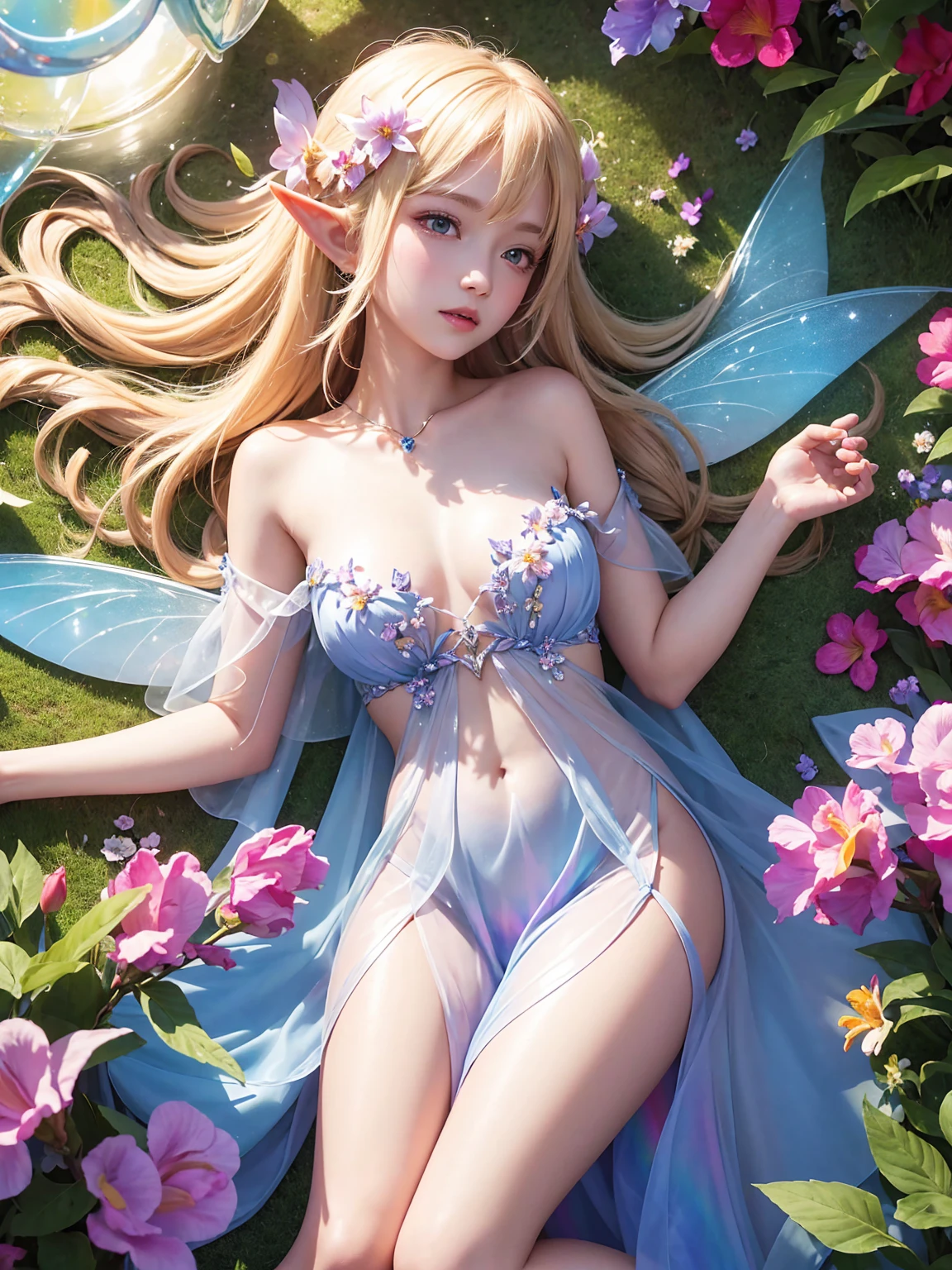 Surrounded by colorful flowers, (Floating on flowers, Shining blonde fairy (Elf)), ((A girl with a pair of beautiful, transparent, shiny wings on her back.))、翼からShine鱗が飛ぶ, (A rainbow-colored dress that shines through the light), Wavelength dispersion, colored glaze, Multicolor prism effect, Rainbow Core, iris, Highly detailed background,Realistic,Ultra-detailed,Highly detailed skin,Shine,Film Grain,According to II,Lens flare,sharp,Shadows in the movie