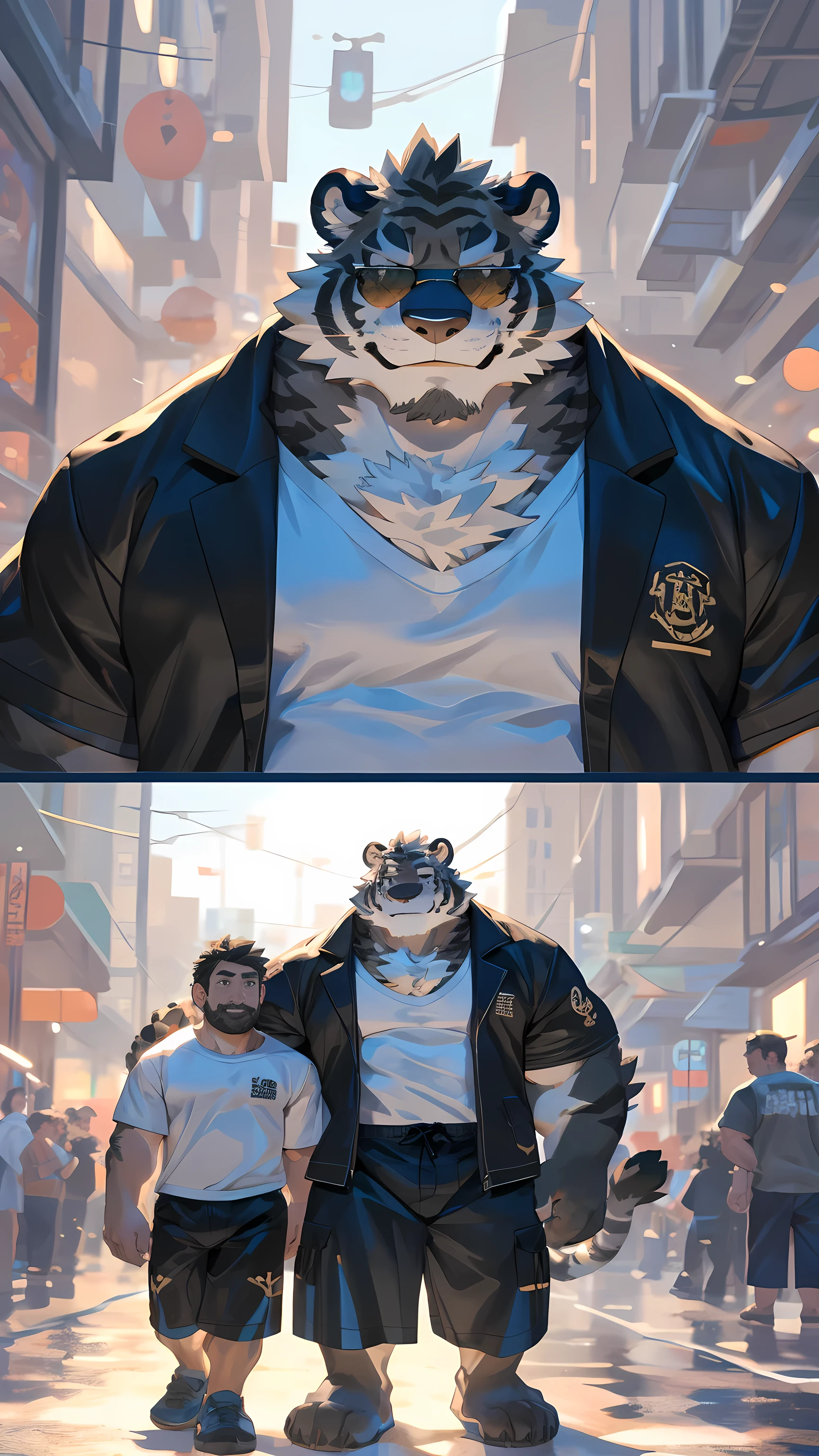 Solitary, ((Fluffy fur, Fluffy, hairy body)), detailed Fluffy fur, Delicate face, delicate Eye, Dynamic poses, (Ultra Detailed), Clear focus, Genji, Eye, hairy, (Gray-black fur:1.5), White beard, human nature (black tiger), chest hair,male, middle aged, White belly, Increase chest muscles(((muscular))), (endomorph body type:0.4), Not too fat, rest ((Black jacket,sunglasses,White T-shirt,Black swimming trunks,Exposing breasts)), ultra Delicate face, High Detail, high quality, (best quality,4K,8k,high resolution,masterpiece:1.2), (close up:1.3), author:Takemoto Arashi, From kulplant, author:The ghost of emptiness, From raccoon21, Dynamic Lighting, Smile, (whole body:1.4), Looking at the audience, eternity, close up portrait, indoorhigh resolution, Hold your belly with your hands, hand.Detailed hand,Smile,street