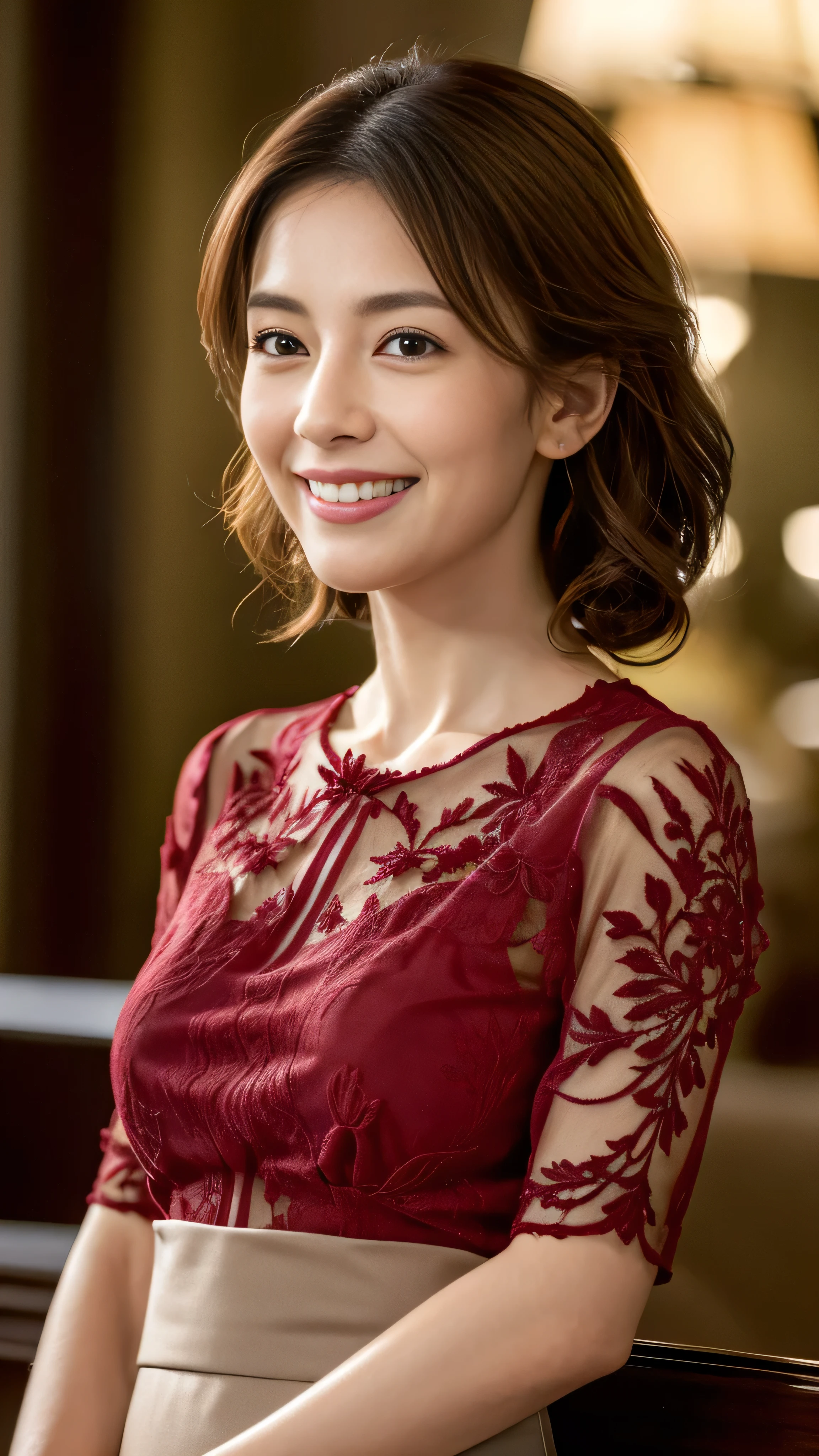 Browsing Caution, highest quality, Realistic, Surreal, Super quality, Highly detailed CG, Very delicate and beautiful, 8k wallpaper, High resolution, Hotel Lobby, (Dim lighting), Single woman, Age 37, ((whole body)), ((Stand facing us)), (blouse), (Long skirt), (Red High Heels), Straight medium hair, smile, Thin lips, slim, Small breasts, (Highly detailed face), (Ultra-detailed facial expressions)、smile