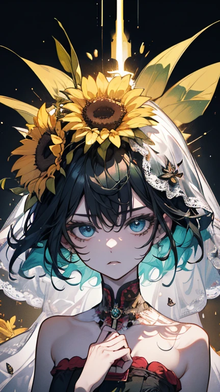 ((8K resolution))、((highest quality))、((masterpiece))、((Super detailed))((((dramatic))), (((Rough feeling))), (((intense)))、whole body、a handsome guy、woman、sunflower field、twilight、Wedding dress、tattoo、short hair、two block、white、yellow、green、green、flower々、flower fire、Clear shadows、lively, front,rich colorful,have confidence,coil,scene,boldness,to attract attention,smart、tendency、i concentrate