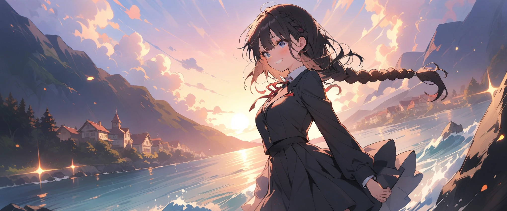 (masterpiece, 最high quality:1.2), Everyday Scenes, Movie Scenes, only one girl、One girl(high quality, Breathtaking),(Delicate eyes, 最high qualityな顔), sunset、Cowboy Shot,Close your eyes and smile、Black hair × Blue eyes、fish-bone braid hair、Black long sleeve blazer,Black pleated skirt、Knee-high socks、loafers