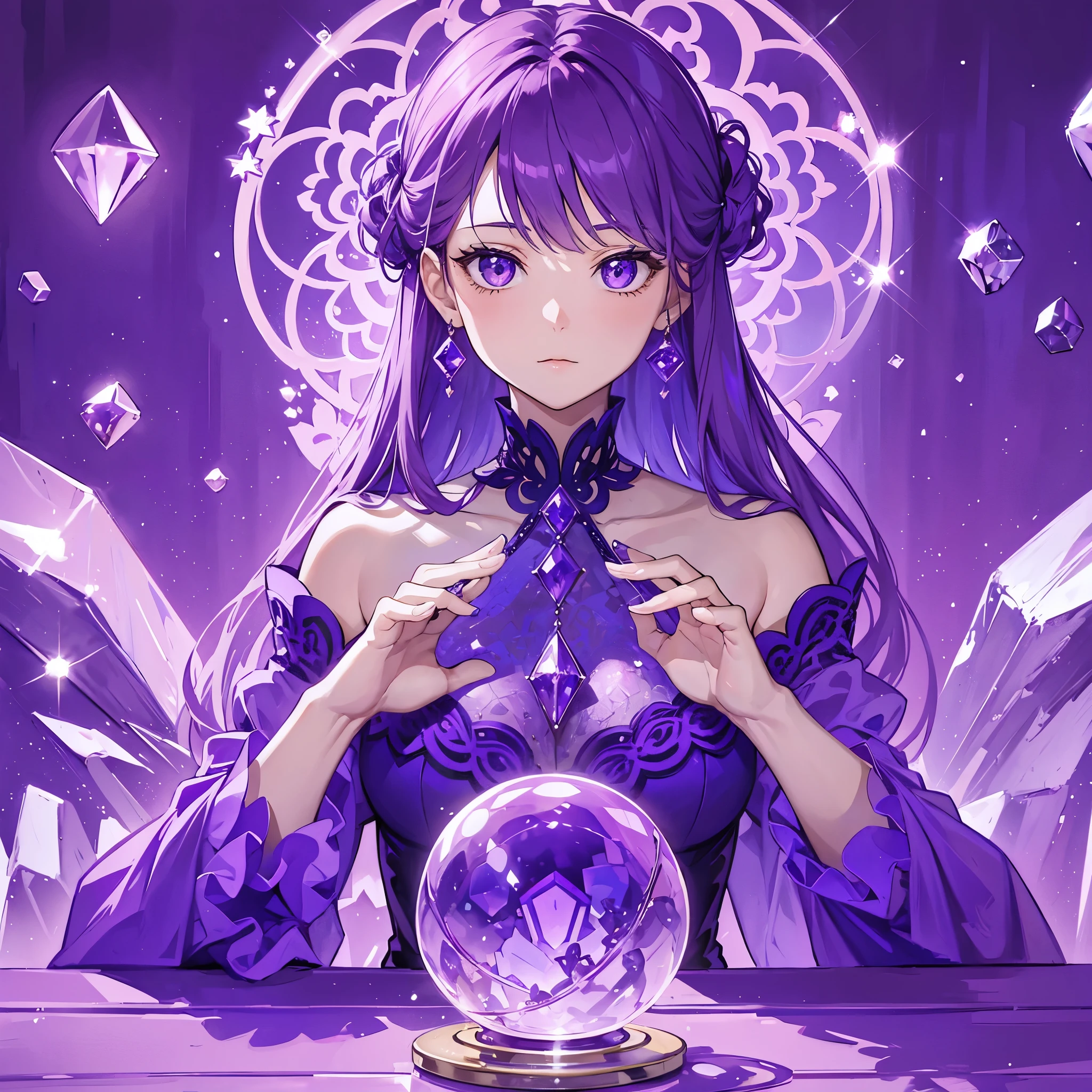 Beautiful hands, unbroken hands, top quality, masterpiece, fantastic background, amethyst purple crystal ball on table, woman with hands on crystal ball, looking at crystal, dressed like a purple witch, long purple hair, wearing purple lace,