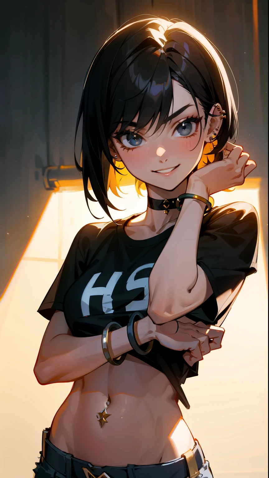 masterpiece, top-quality, Detailed details, beautiful lights, Beautiful Shadows, 1girl in, 23years old, toned hot body,Black eyes,Mischievous smile, Short black hair,bangle,a choker,piercings,hotpants,,TShirt, Navel Ejection,detailed skin textures, Tyndall effect