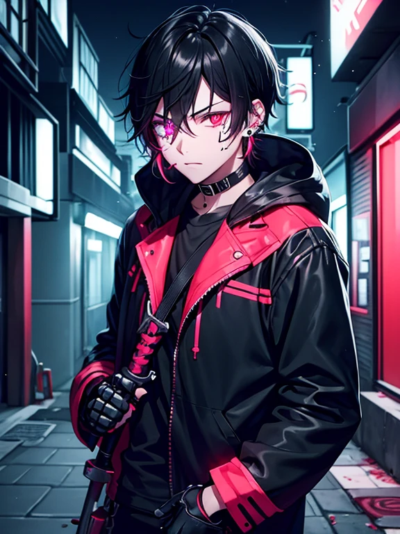 Neon Light Fluorescent background Boy covered in blood insanity Back Alley Holding a weapon in his left hand youth Handsome night Downtown alley skeleton Blood splattered on his cheek Red eyes Earrings 眉Earrings Wearing a hood