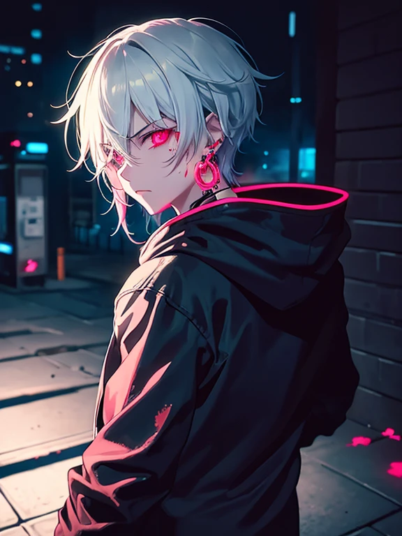 Neon Light Fluorescent background Boy covered in blood insanity Back Alley Holding a weapon in his left hand youth Handsome night Downtown alley skeleton Blood splattered on his cheek Red eyes Earrings 眉Earrings Wearing a hood
