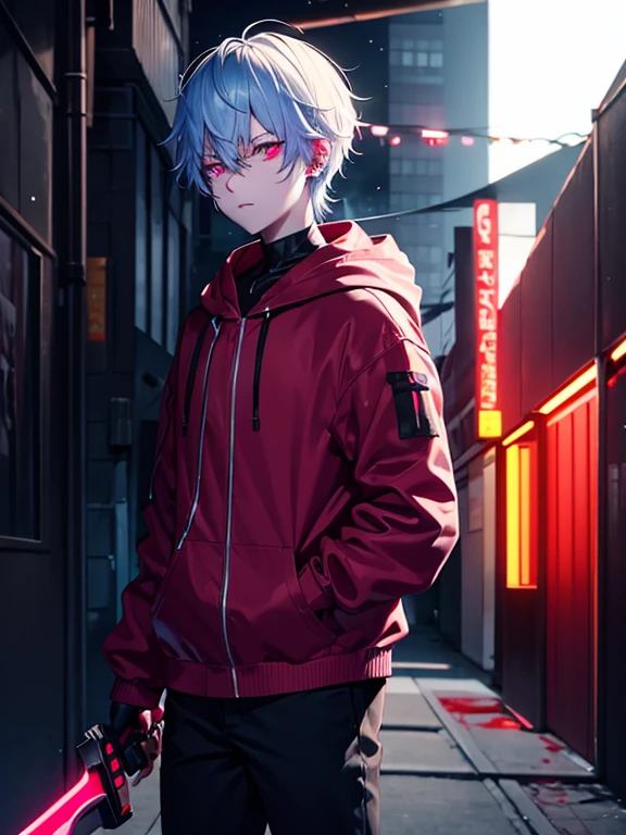 Neon Light Fluorescent background Boy covered in blood insanity Back Alley Holding a weapon in his left hand youth Handsome night Downtown alley skeleton Blood splattered on his cheek Red eyes Earrings 眉Earrings Wearing a hood