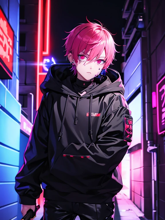 Neon Light　Fluorescent background　Boy covered in blood　insanity　Back Alley　Holding a weapon in his left hand　youth　Handsome　night　Downtown alley　skeleton　Blood splattered on his cheek　Red eyes　Earrings　眉Earrings　Wearing a hood