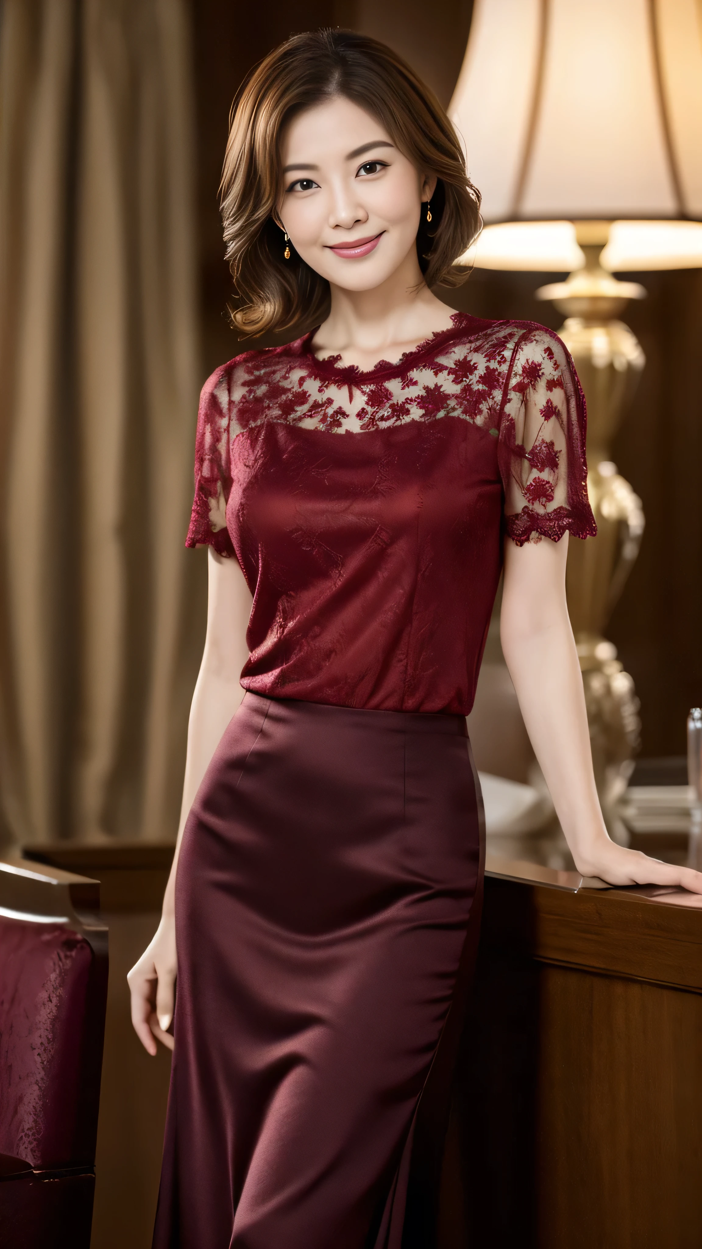 Browsing Caution, highest quality, Realistic, Surreal, Super quality, Highly detailed CG, Very delicate and beautiful, 8k wallpaper, High resolution, Hotel Lobby, (Dim lighting), Single woman, Age 37, ((whole body)), ((Stand facing us)), (blouse), (Long skirt), (Red High Heels), Straight medium hair, smile, Thin lips, slim, Small breasts, (Highly detailed face), (Ultra-detailed facial expressions)、smile