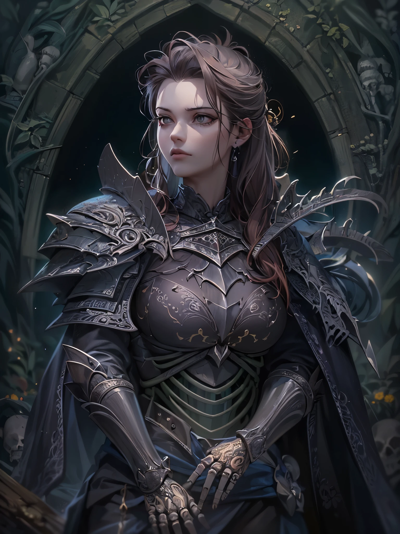 ((highest quality)),(Ultra-high resolution),(Very detailed),(Detailed Description),((The best CG)),(A masterpiece),Ultra-precise art,Amazing drawing art,(Fantasy art with intricate detail:1.5), (Female dark knight:1.5),(Skeleton Armor:1.5)