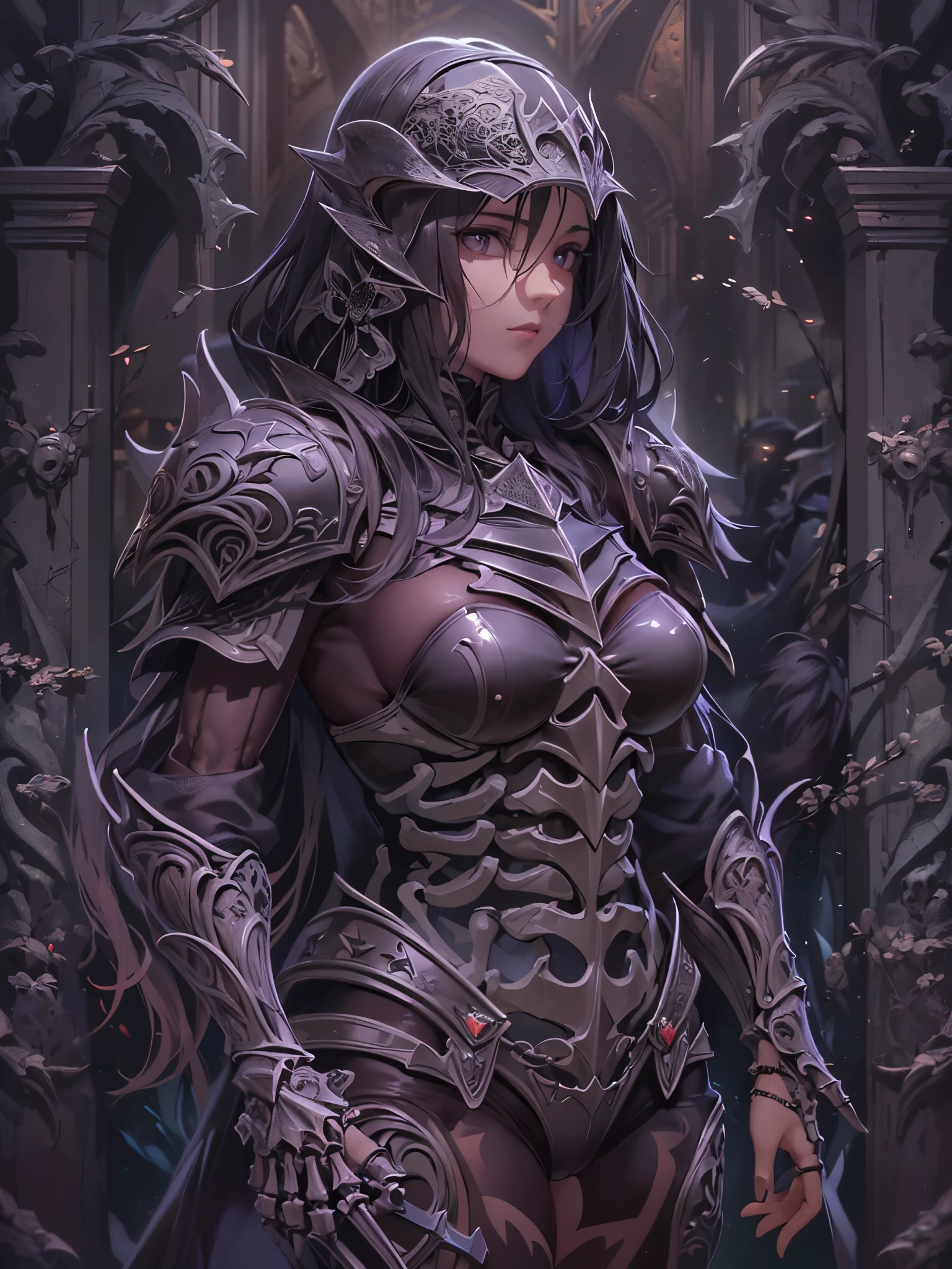 ((highest quality)),(Ultra-high resolution),(Very detailed),(Detailed Description),((The best CG)),(A masterpiece),Ultra-precise art,Amazing drawing art,(Fantasy art with intricate detail:1.5), (Female dark knight:1.5),(Skeleton Armor:1.5)