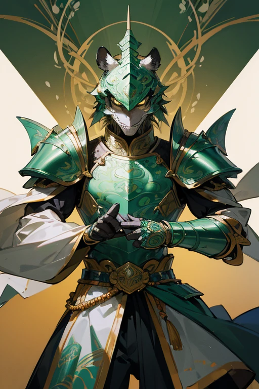 tiger knight, Fine Armor, Intricate Design, Silver, silk, 8k.sharp、View your viewers、overwhelmingly strong、Eyes are emerald green、male、Tiger themed armor、