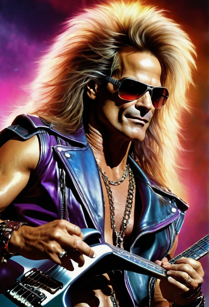 A (waist up:1.2) cinematic photorealistic color digital painting of 26 yo (David Lee Roth:1.25) as the Terminator with the (80's heavy metal rock star hair style:1.2) jump in stage, detailed face, insanely detailed and intricate, crisp sharp and clear, volumetric lighting, ultra-high resolution, masterpiece hyper realistic artwork of Don Lawrence, centered, Professional color grading by Kennedy Hines Jr.