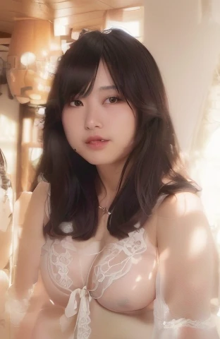 highest quality, Ultra-high resolution, Highly detailed skin, Physically Based Rendering, (((A round-faced Japanese woman in her 20s,She is supporting her chest with her arms and is not wearing underwear., Large Breasts, Nipples are also visible, from the front))),(Beautiful background:1.2), ((Cleavage)), ((Showing Nipples)), (White swimsuit with a wide open chest) .(((No chest pads)))、(Fabric so thin that you can see through) (((The outline of the nipples clearly expresses the shape of the nipples..、Nipples)))、(Areola, (Realistic: 1.4),(Realistic), (front)(((Young Face))), (Written boundary depth), (((Nipples visible through clothing)))