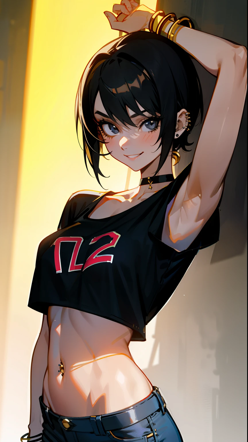 masterpiece, top-quality, Detailed details, beautiful lights, Beautiful Shadows, 1girl in, 23years old, toned hot body,Black eyes,Mischievous smile, Short black hair,bangle,a choker,piercings,hotpants,,TShirt, Navel Ejection,detailed skin textures, Tyndall effect