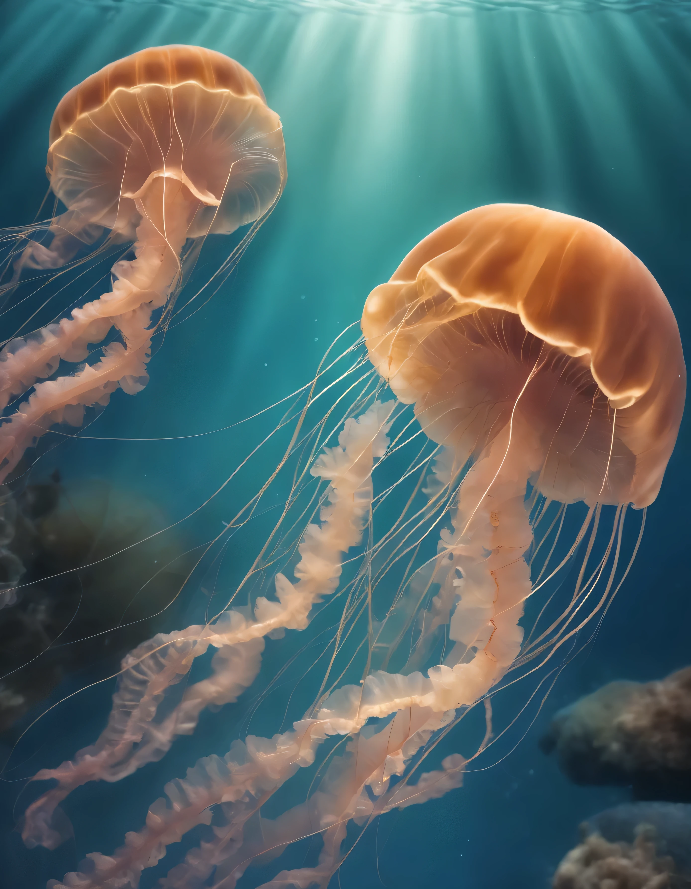 ((({Big jellyfish+jellyfish+jellyfish:1.1)Swimming side by side+Swim together)，There are lots of little jellyfish around.，connected)、Colorful jellyfish、