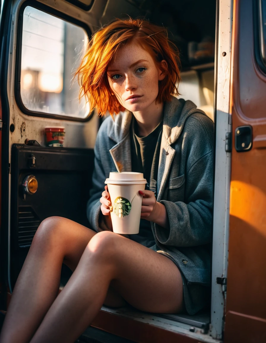 cinematic Photorealistic picture of a beautiful short ginger hairstyle homeless girl, sitting inside her opening door van home with a cup of take away coffe cup, hungry, try to stay positive in her uncertain future, sad eye, bokeh, shallow depth of field, late afternoon natural lighting fuses with neon city light