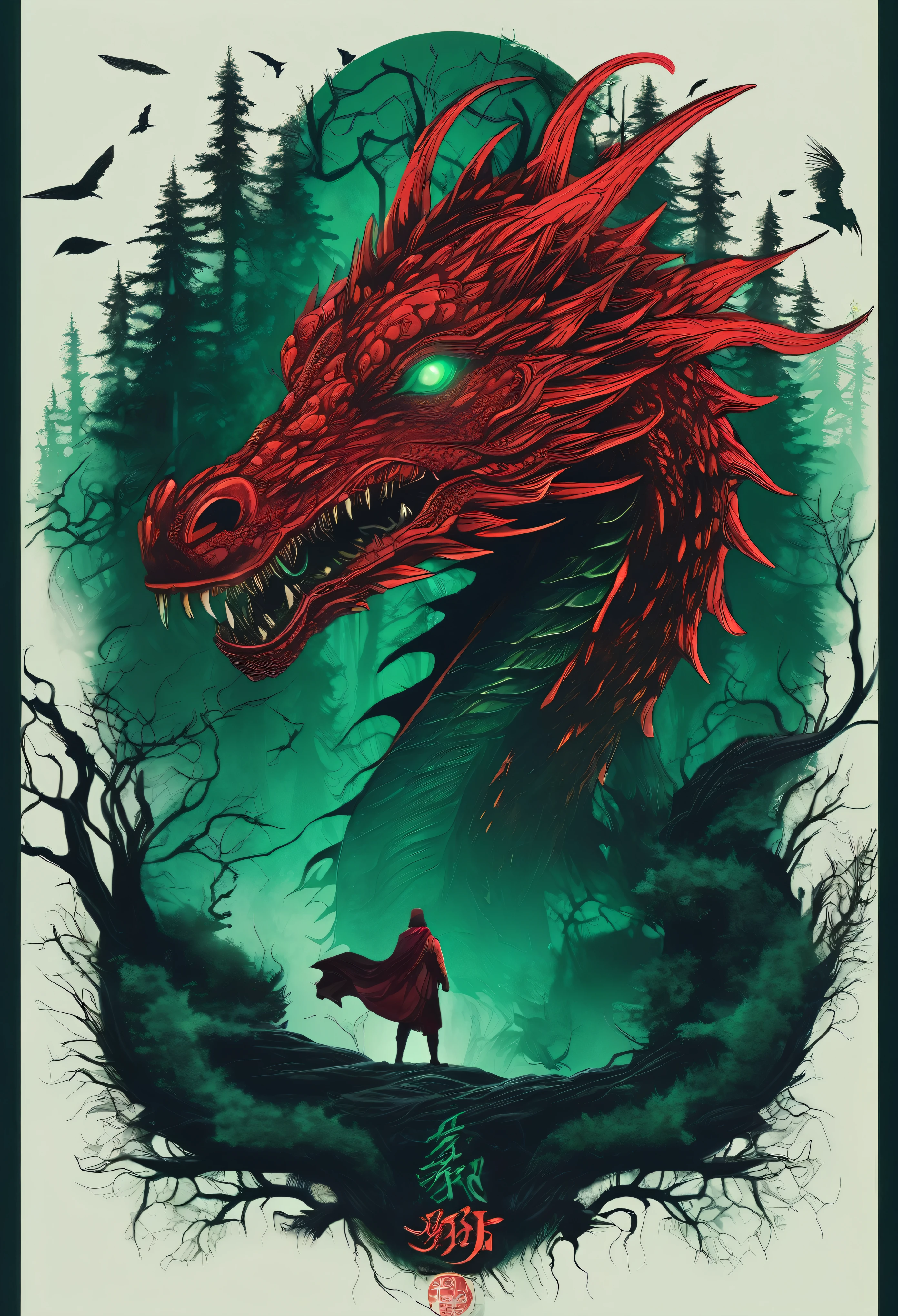 facing to the viewer, Mystical giant looks like a giant dragon dracarys (((gentle creature made of mist))), insane huge size, intricate patterns of red in its dark green fur, in a dark scary highly detailed forest, surrounded by birds. Night forest scene, bioluminiscence, a tiny warrior in front of the monster Dragon, official motion poster, official movie poster,