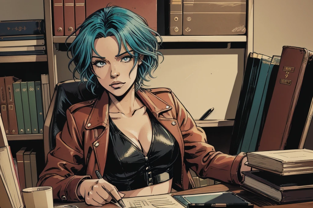 vector image, 2d cartoon,masterpiece, An anime woman, colored hair, in office, accountant, leather jacket, crop-top, provocative makeup,