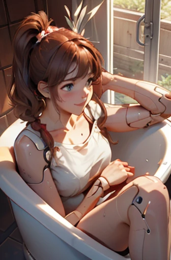 A Female robot is sleeping in bathtub, spread legs, nude, banzai pose. she wears no dress. She Brown short hair is tied with two big red clothespins, She lifts up the under hem of her white plain dress, leaning over, masterpiece, very short pigtails,brown hair, mature, android, blue eyes, full body figure, Height: 160cm, flushed cheeks, 2020s anime picture, A beautiful robot with short brown hair in two short pigtails held up by two very large huge red clothespins, Uplifting, No NSFW, whole body, barefoot, archaic smile, getting orgasm, 25 years old, sweat bucket.