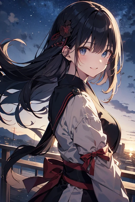 Tabletop, highest quality,An illustration, Very detailed, Absurd, One Girl、 (Long Hair、Black Hair), Very detailed、 beautiful eyes , Hair blowing in the wind、Small Head、Beautiful night sky、(panoramic:1.5),Taisho period  style、smile