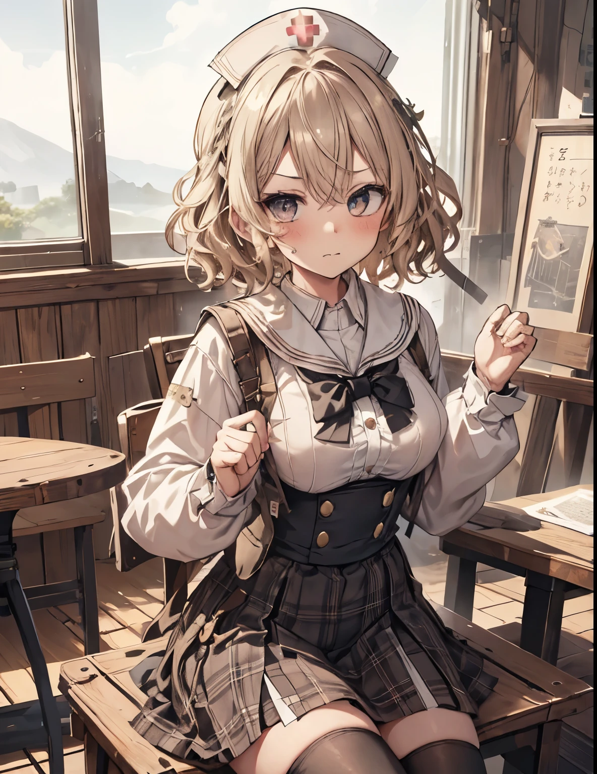 masterpiece, 1girl, sparrow, a blonde haired girl, wearing a sailor clothes, curly short hair, messy hair, slim body, he close her left eye, shirt ornament, ruby eyes, ahoge, , bige breast, beautiful breasts, rounded breasts, long sleeves, beautiful eyes, white stocking, droopy eyes, skirt, black skirt, plaid skirt, her age is 19 years old, ricefield, bowtie, sailor collar, flared skirt, tight shirt, skirt, nagisa_bluearchive, angry face, medium hair, angry face, curly hair, nurse cap, sit