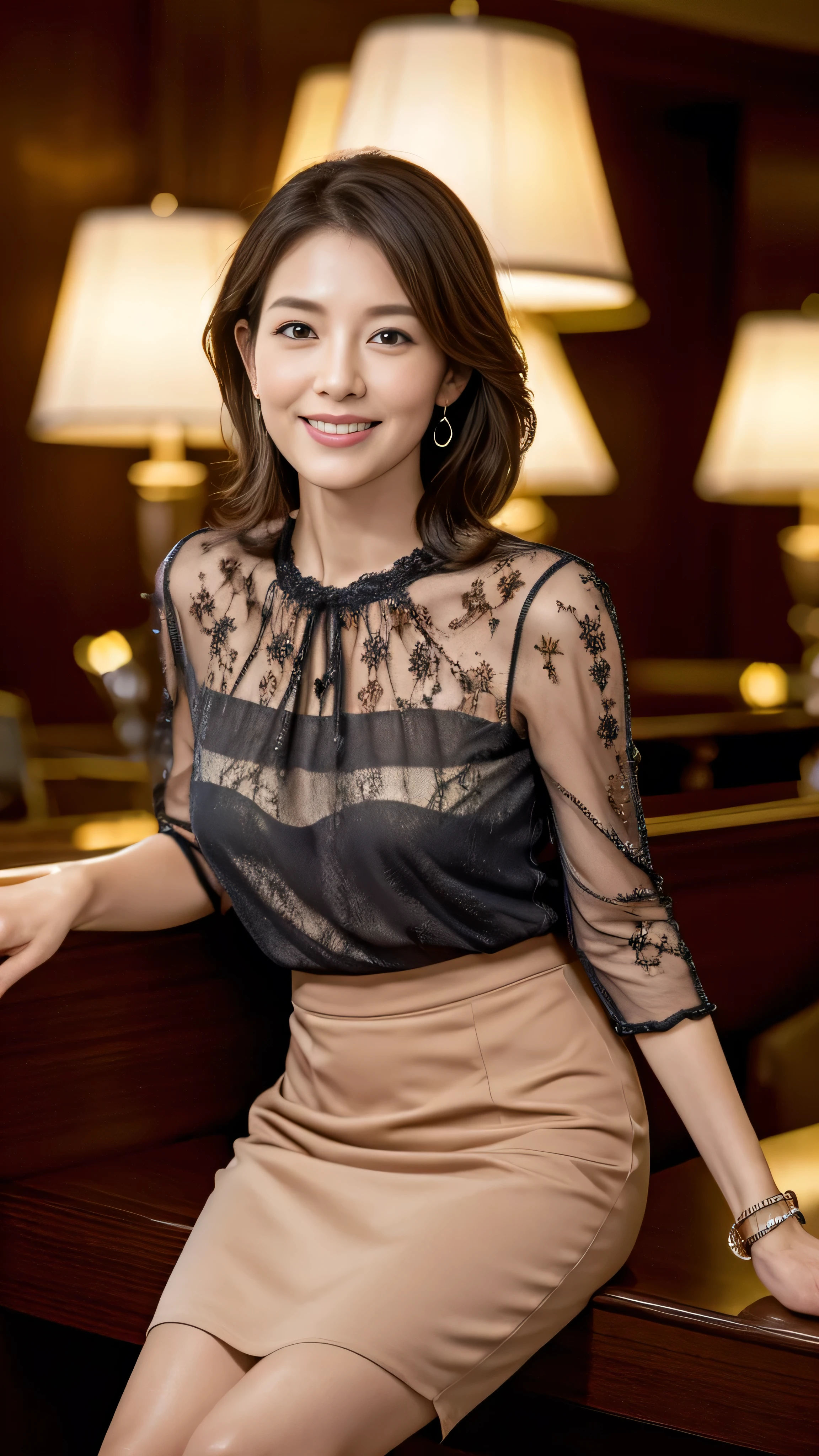 Browsing Caution, highest quality, Realistic, Surreal, Super quality, Highly detailed CG, Very delicate and beautiful, 8k wallpaper, High resolution, Hotel Lobby, (Dim lighting), Single woman, Age 37, ((whole body)), ((Stand facing us)), (blouse), (mini skirt), (High heels),  smile, Thin lips, slim,  (Highly detailed face), (Ultra-detailed facial expressions)、smile