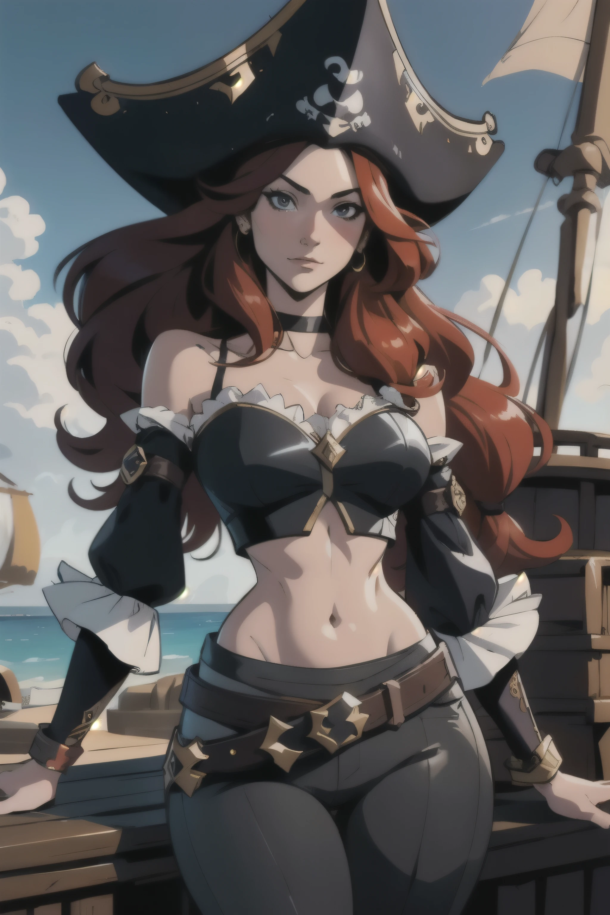 thick outlines, comics, photorealistic, masterpiece:1.2, 1girl, solo, medium breasts, pirate pistols, missfortune, miss fortune, long hair, red hair, pirate hat, crop top, detached sleeves, bare shoulders, black pants, belt, on a pirate ship, island port, sunny, detailed background, detailed face, detailed eyes, cinematic, volumetric light, anime style, facing the camera, looking at the camera, sexy pose
