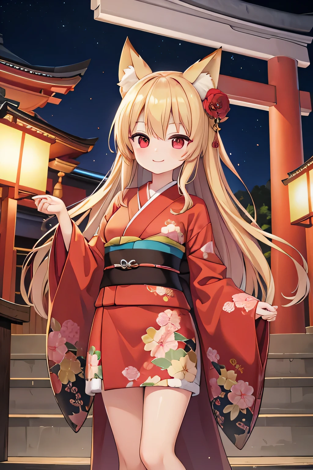 highest quality、Fox ears、Long blonde、Red Eye、kimono、smile、Standing in front of a shrine、night